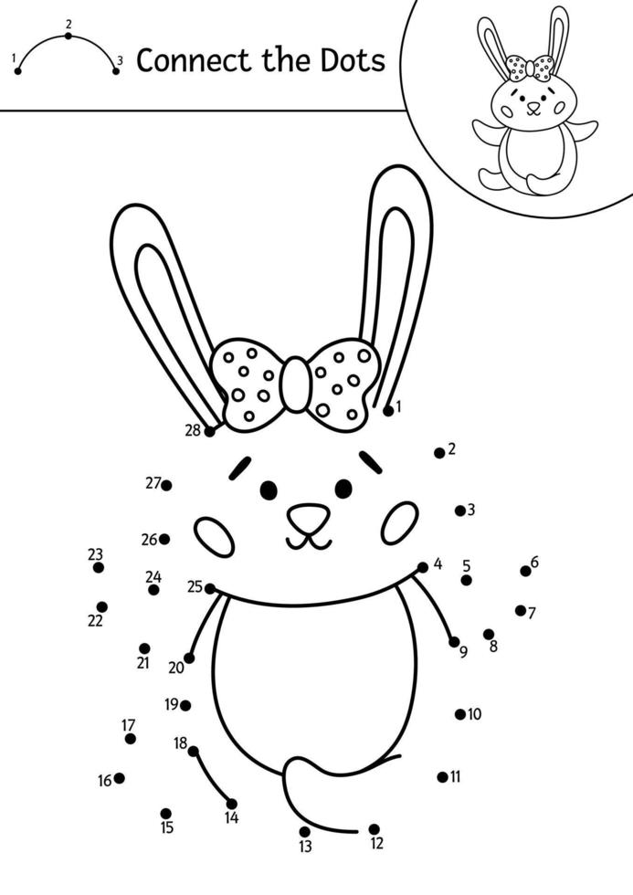 vector actividad de punto a punto y color de Pascua con lindo conejito. vacaciones de primavera conecta el juego de puntos para niños con animales tradicionales. adorable y divertida página para colorear para niños.