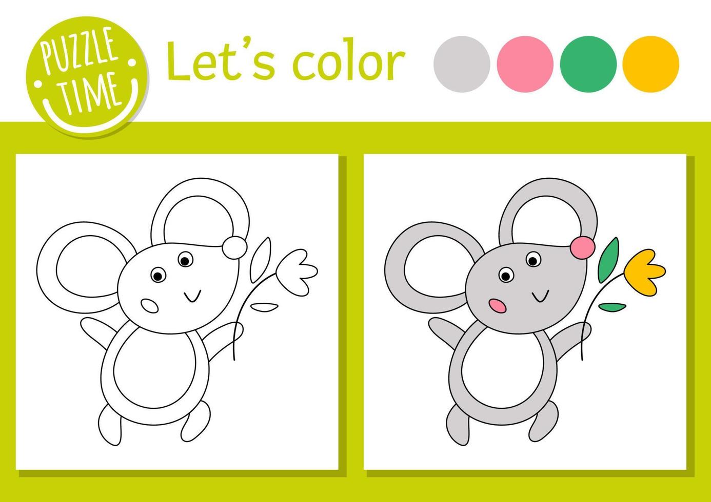 Easter coloring page for children. Funny mouse with flower. Vector holiday outline illustration with cute traditional animal. Adorable spring color book for kids with colored example