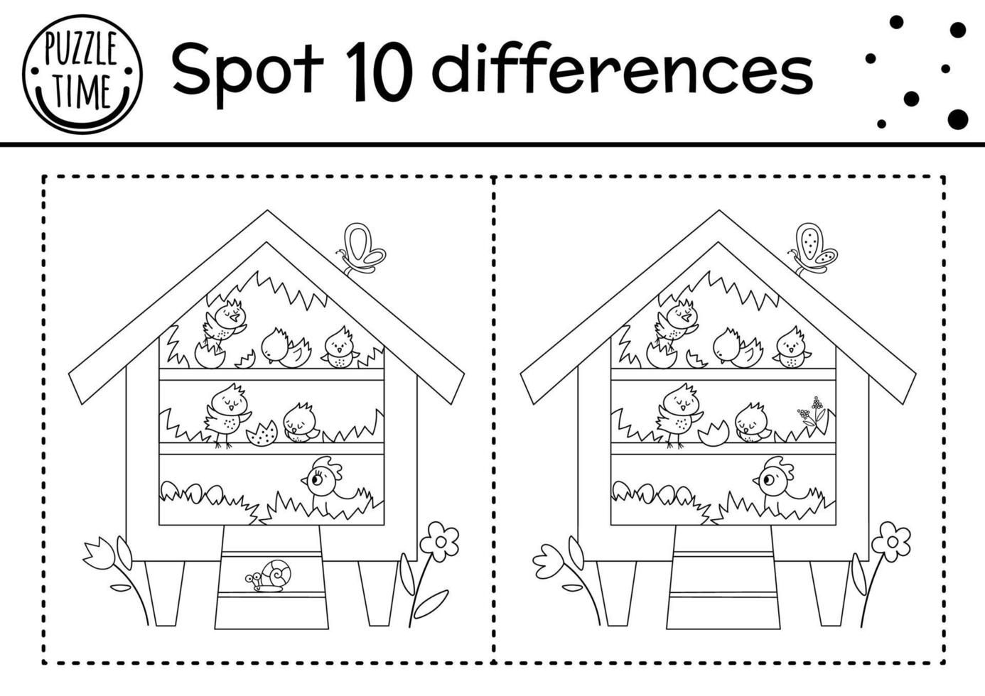 Easter find differences game for children. Holiday educational activity with hen coop and chickens. Printable worksheet with cute hatching chicks. Spring puzzle for kids.Easter find differences game vector