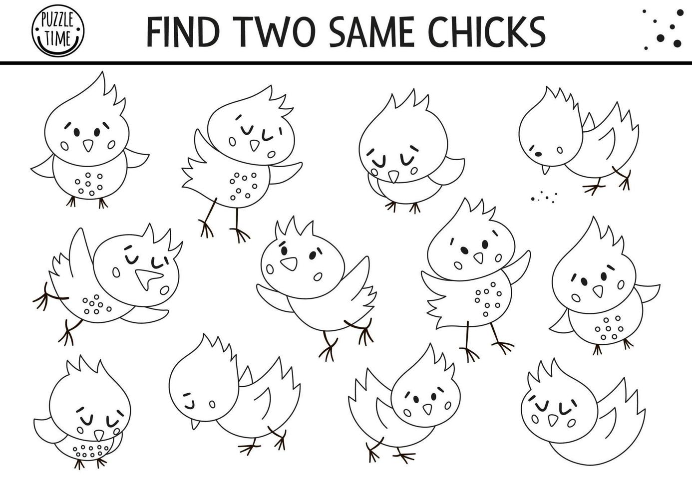 Find two same chicks. Easter black and white matching activity for children. Funny spring educational logical quiz worksheet for kids. Simple printable game or coloring page with cute chickens vector