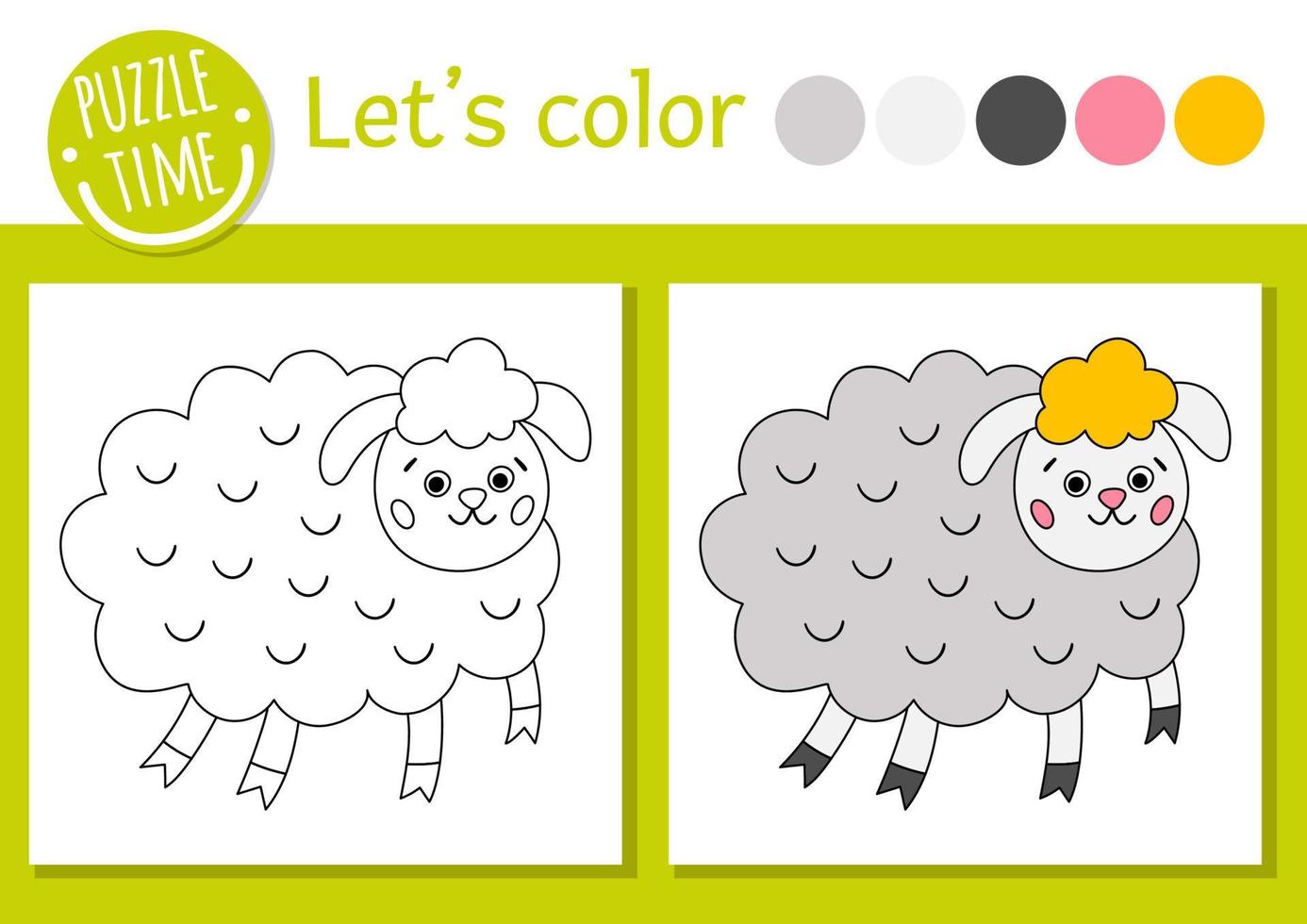 Easter coloring page for children. Funny sheep picture. Vector holiday outline illustration with cute farm animal. Adorable spring color book for kids with colored example