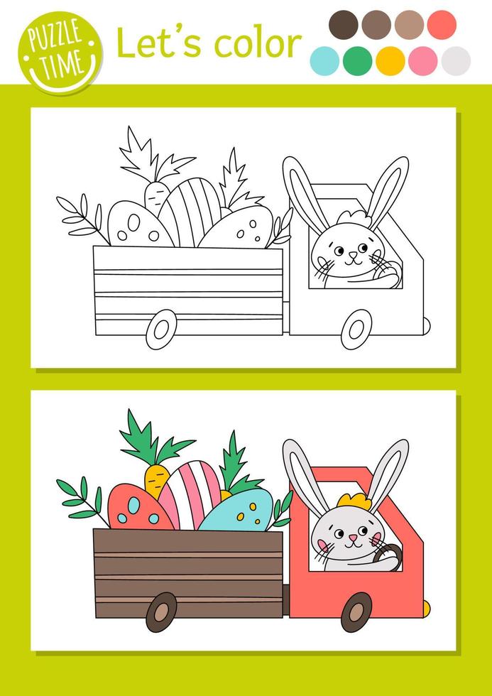 Página para colorear de Pascua para niños. conejito divertido conduciendo un coche con huevos y zanahorias. ilustración de esquema de vacaciones de vector con lindo animal. adorable libro de colores primaverales para niños