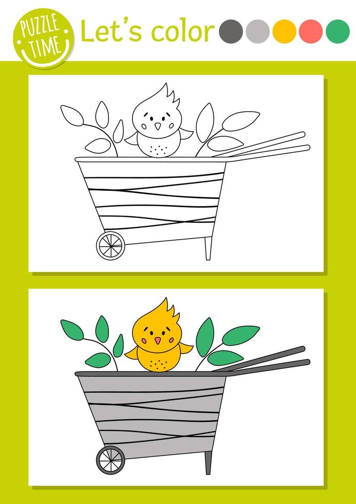 Easter coloring page for children. Funny farm bird sitting on a wheelbarrow. Vector holiday outline illustration with cute chicken. Adorable spring color book for kids with colored example