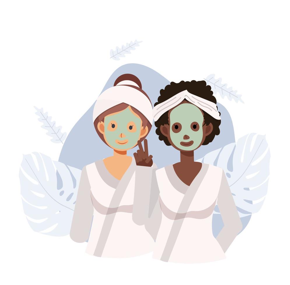 skin care concept.two women with clay facial masks on their faces. african american, friends Spa skin care treatment .flat vector cartoob character illustration