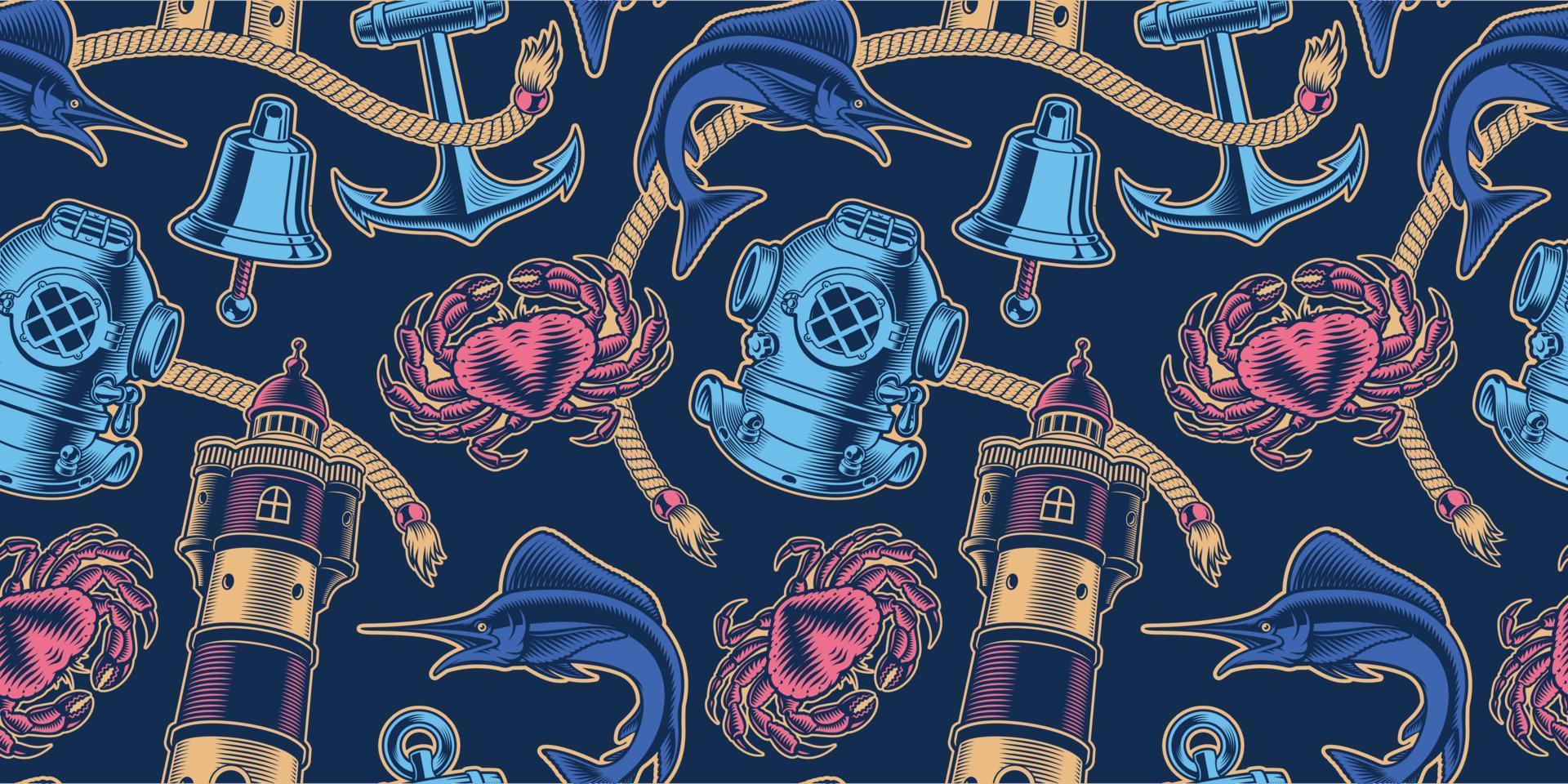 Vintage color marine background with a diving helmet vector
