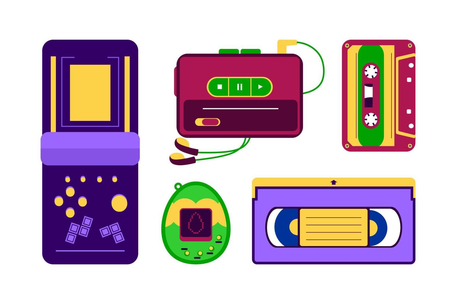 un conjunto de dispositivos electrónicos retro de los años 80 y 90 para una elegante fiesta retro. ilustración vectorial estilo plano vector