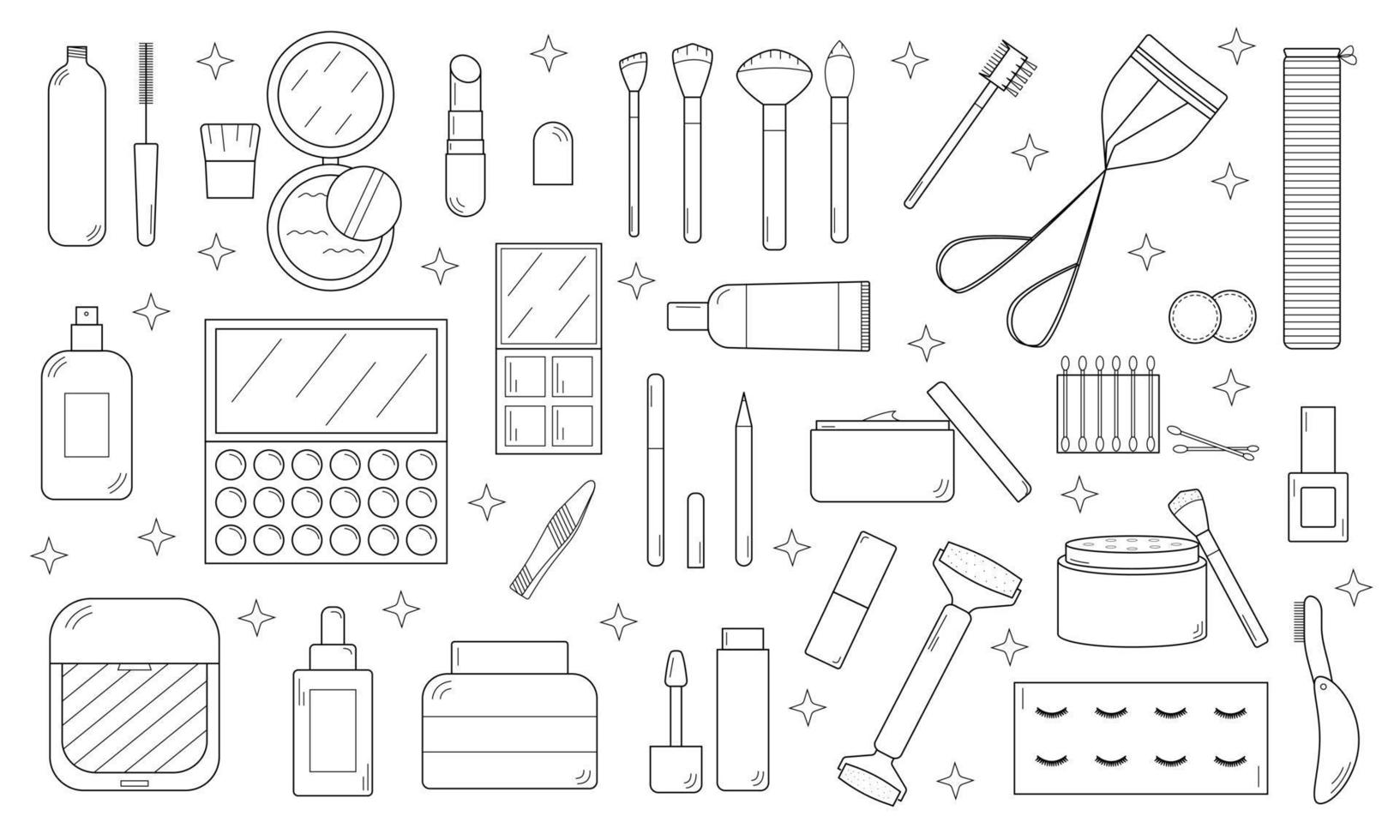 Hand drawn set of cosmetics and cosmetic products for face and nails care. vector