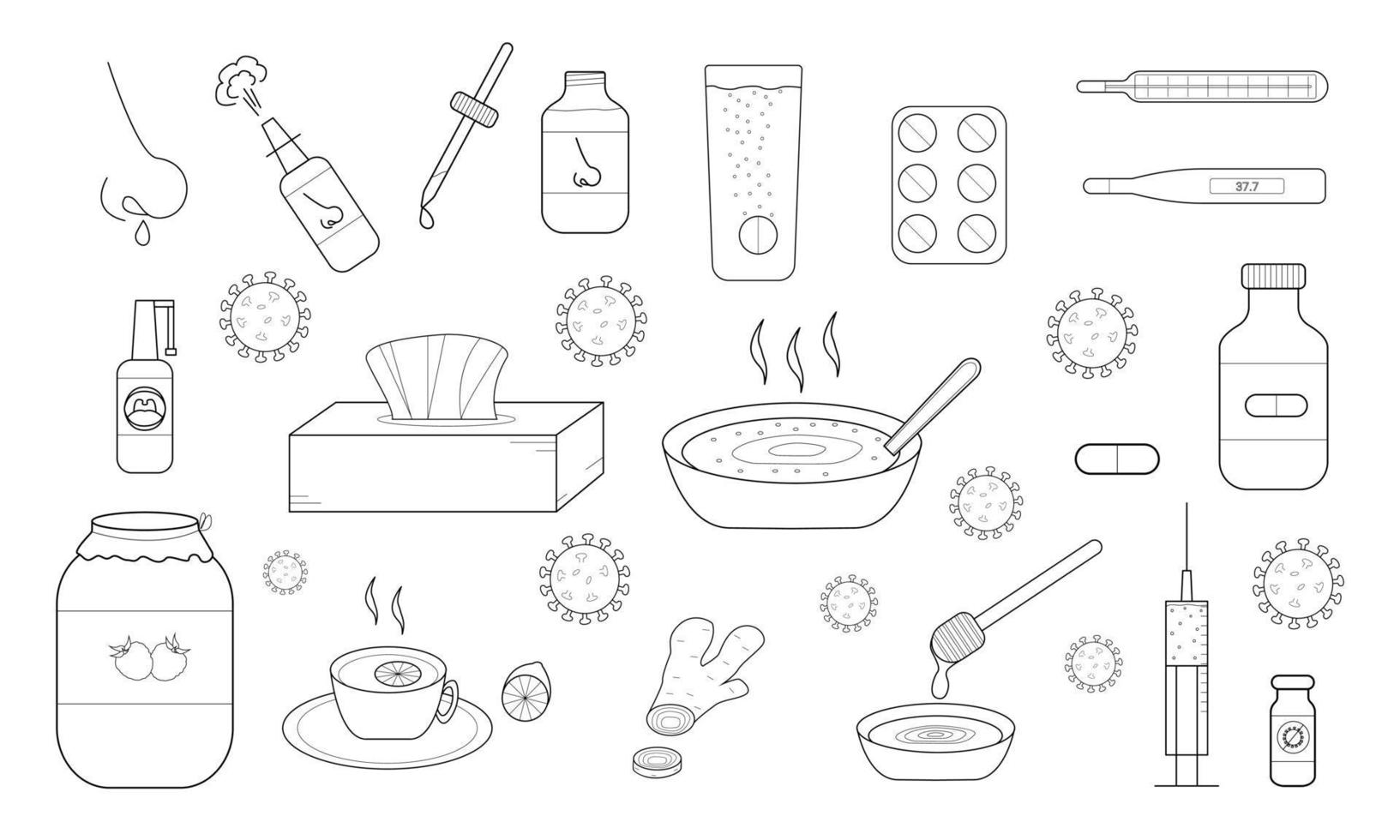conjunto de elementos dibujados a mano relacionados con los resfriados. Métodos de tratamiento para los resfriados. vector