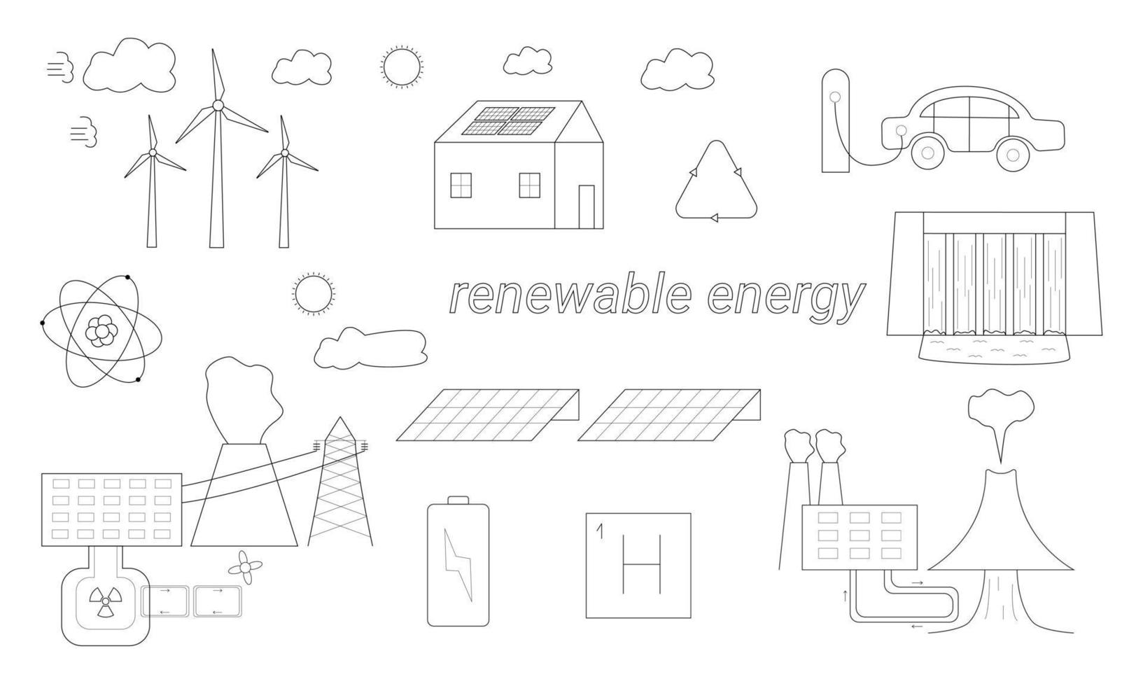 Hand drawn set of elements showing how to use renewable energy in nature. vector