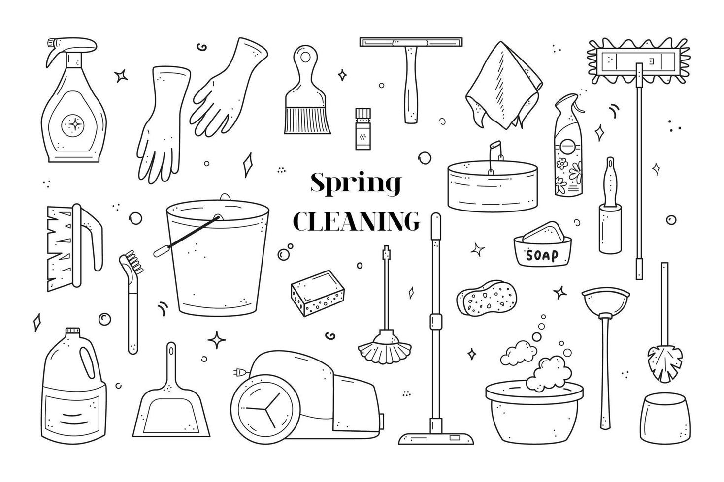 Hand drawn set of cleaning agents, mops, vacuum cleaner, bucket, brushes, soap, rubber gloves. Spring clean chores elements. Vector illustration in doodle sketch style isolated on white background