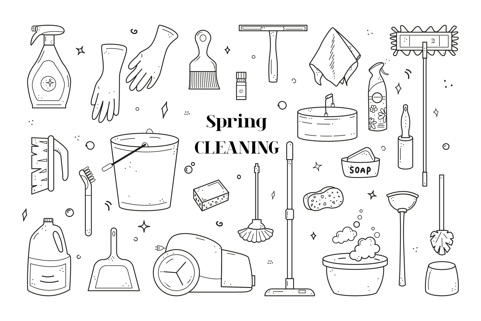 Hand drawn set of cleaning agents, mops, vacuum cleaner, bucket, brushes, soap, rubber gloves
