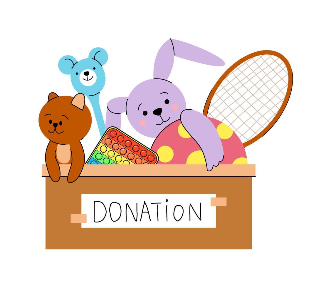 Cardboard box with different toys for donations. Bunny, bear, pop it, baby rattle, ball, racket. Charity concept. Flat vector illustration isolated on white background