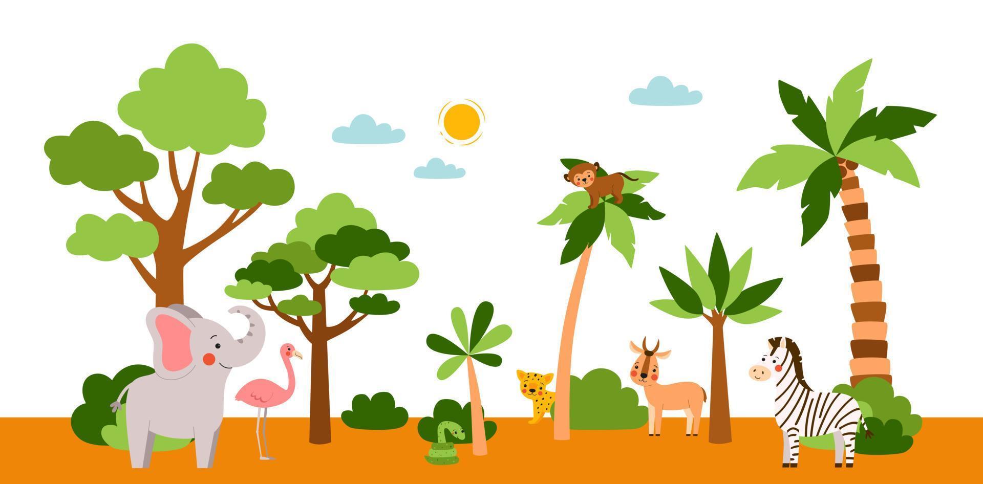 African animals safari horizontal banner. Flat vector illustration