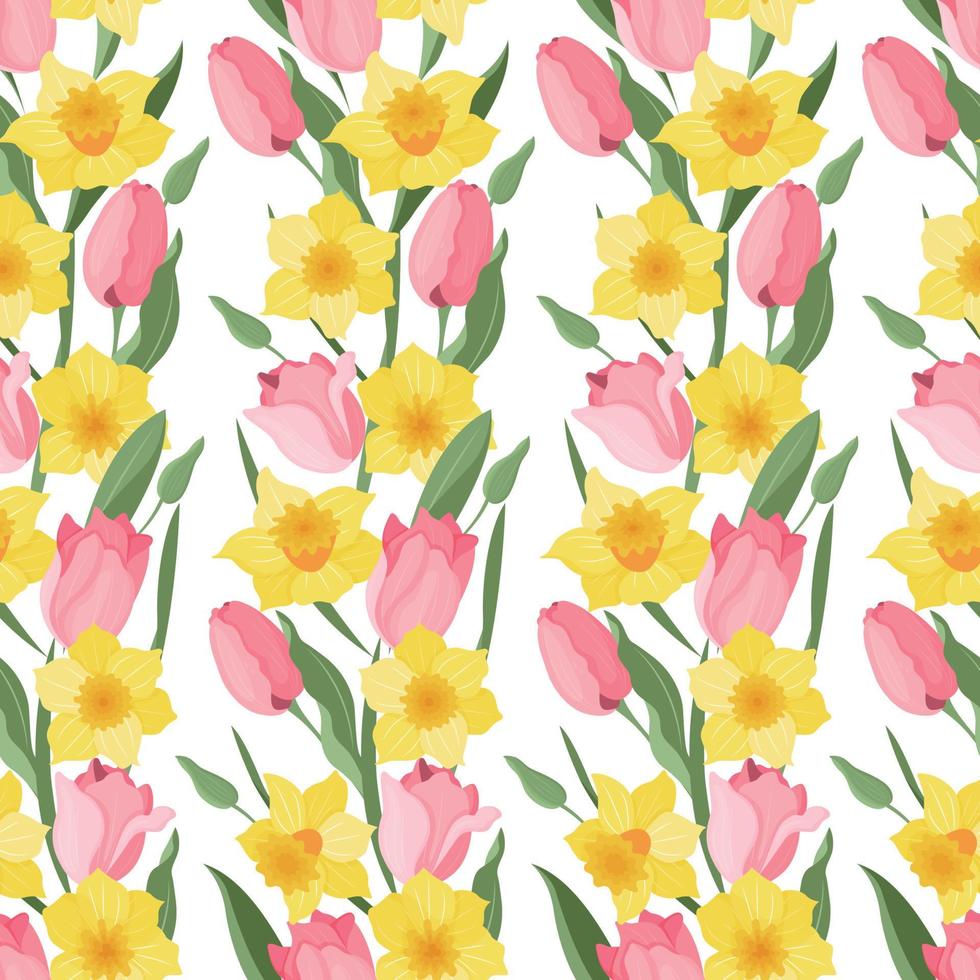 Vector seamless pattern of daffodils and tulips. Textiles and wrapping paper. Spring. Easter