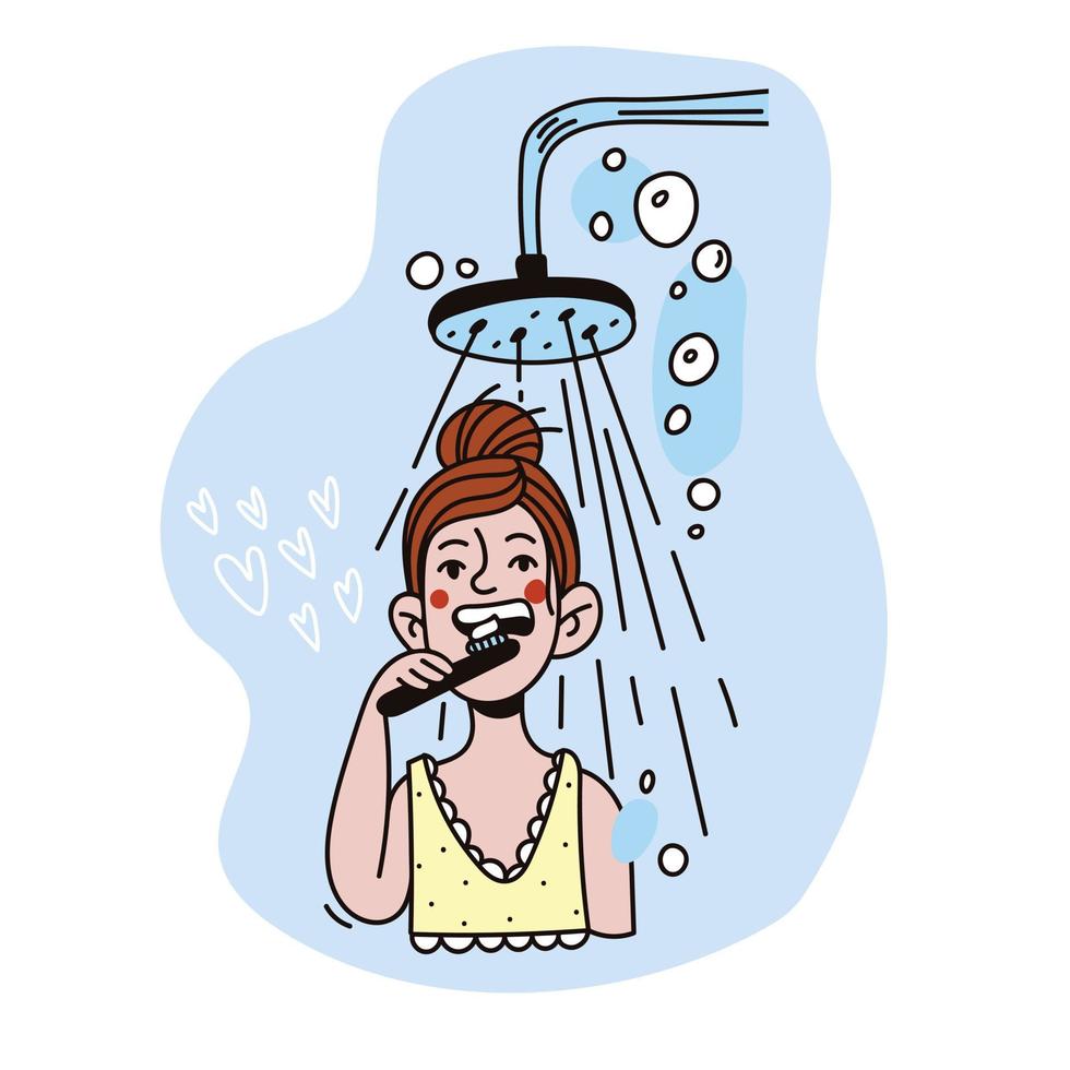 Girl under the shower brushing teeth, everyday morning routine doodle illustration. Blue, brown and yellow color, black line, isolated on white background. vector