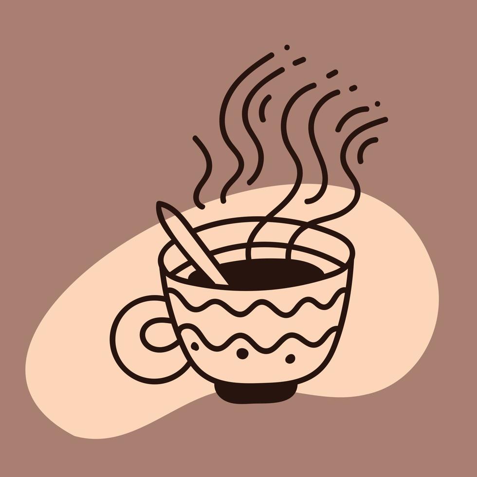 Hot cup of coffee or tea doodle line style on brown background, icon for coffee shop design. vector