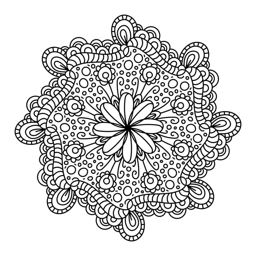 Vector doodle style mandala, black outline flower. Isolated on white background. Hand drawn art for coloring books and pattern designs.