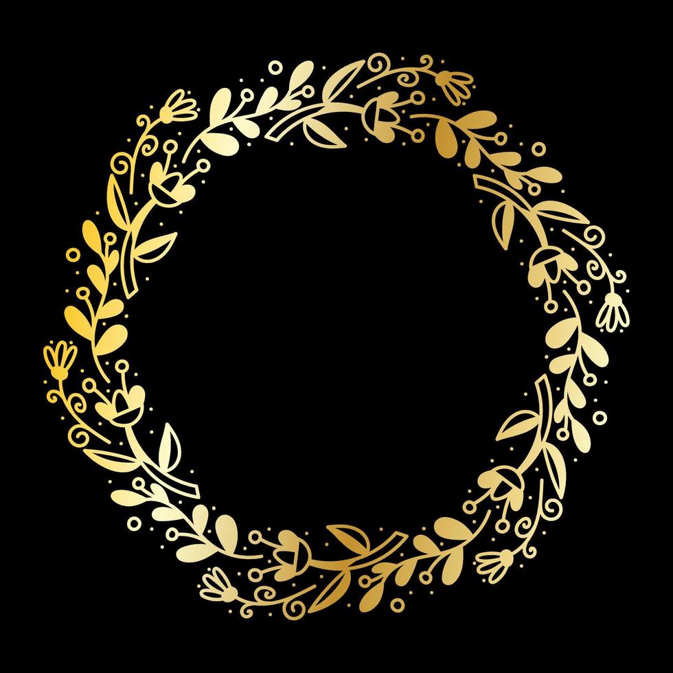 Golden gradient floral wreath template isolated on black background. Design element round frame for banners, invitations, postcards vector