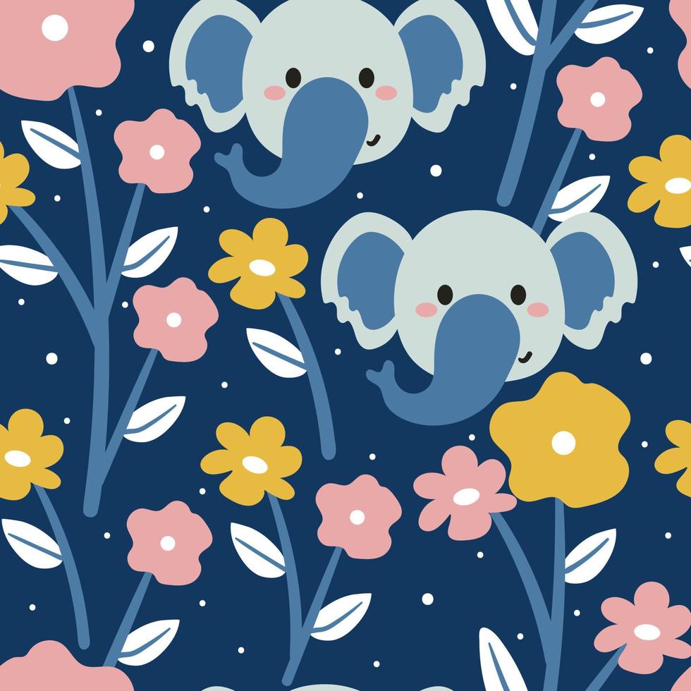 seamless pattern hand drawing cartoon of elephant and flower vector