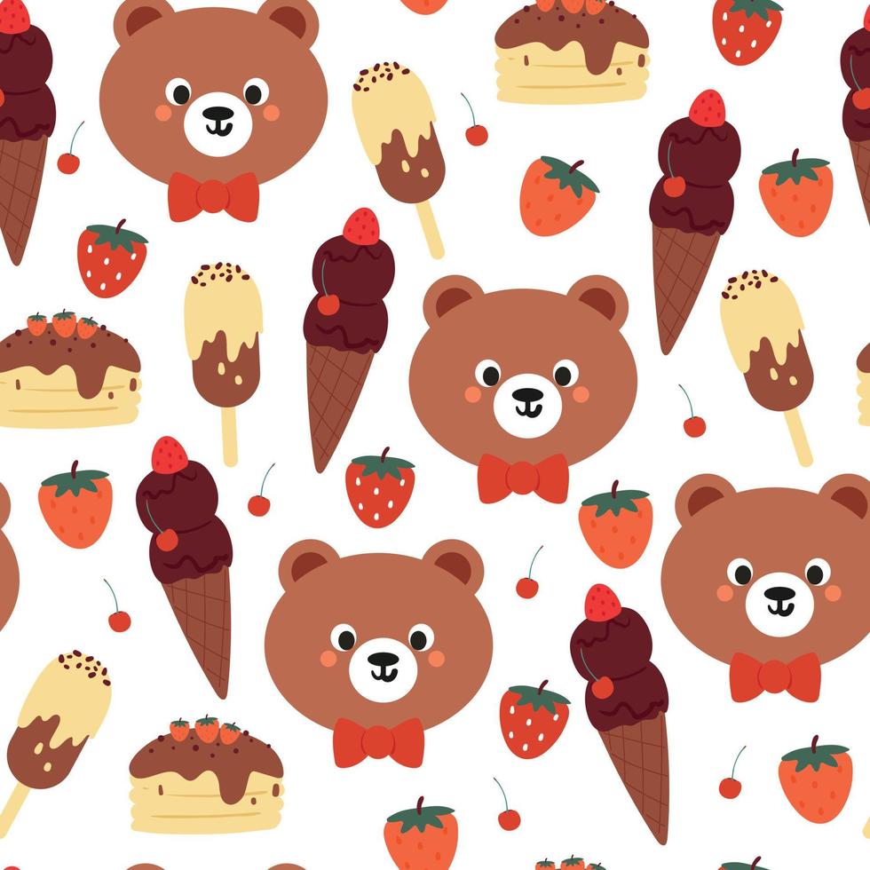 seamless pattern hand drawing cartoon of bear and dessert vector