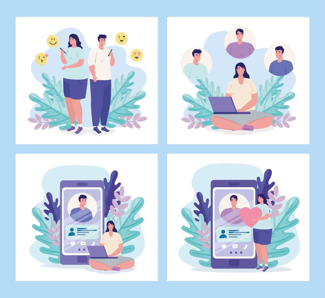 women and men with smartphones chatting vector design