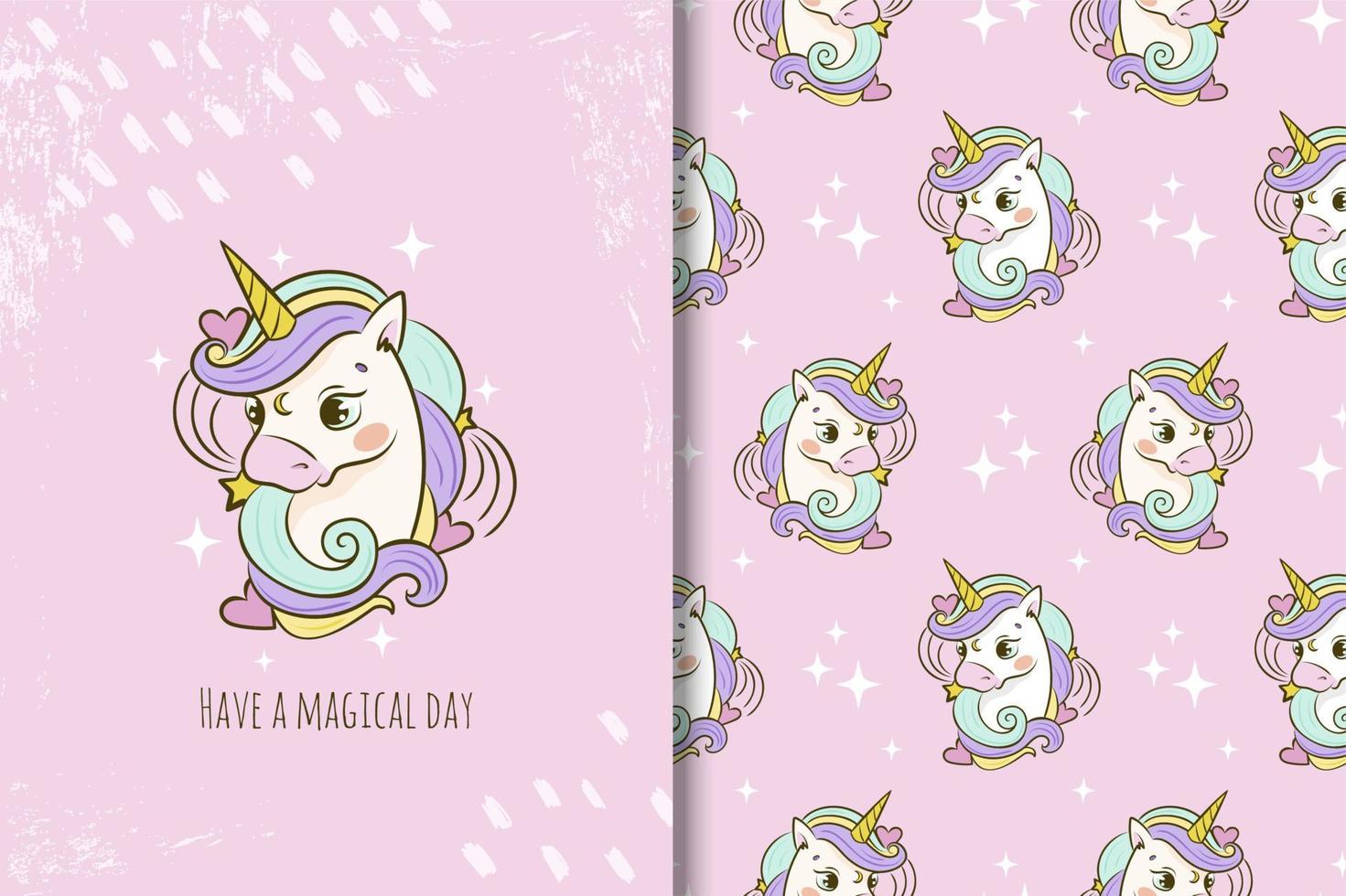 tarjeta de imágenes prediseñadas de unicornio de dibujos animados lindo y patrones sin fisuras vector