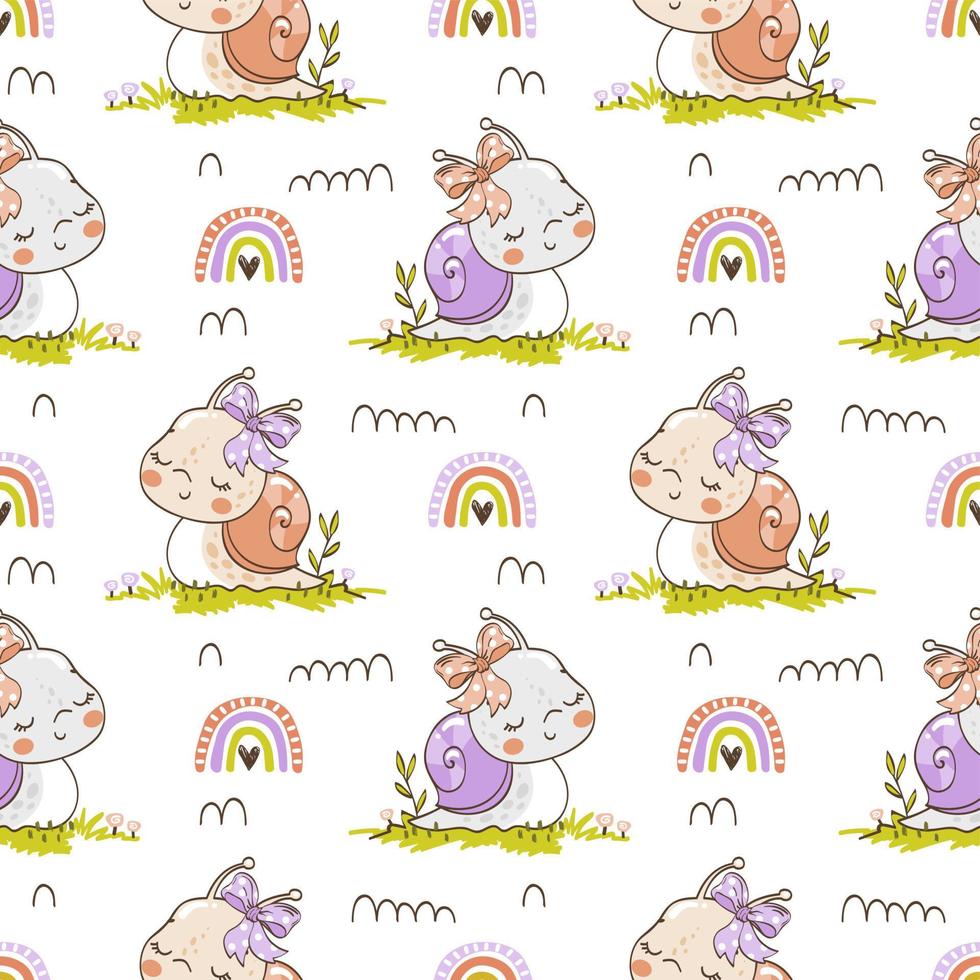 Cute cartoon little snail seamless pattern with rainbow for kids, doodle surface design vector