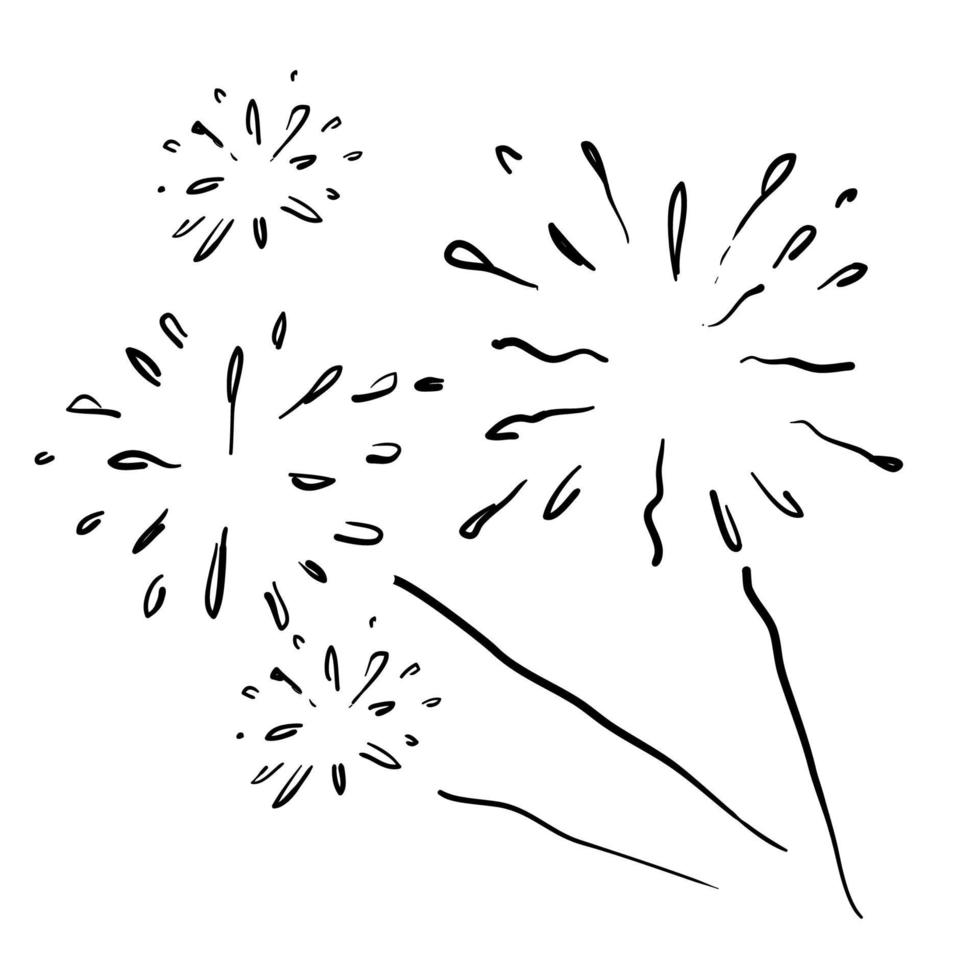 composición de fuegos artificiales con imágenes de garabatos de puntos de fuegos artificiales de diferentes formas estilo dibujado a mano de dibujos animados vector