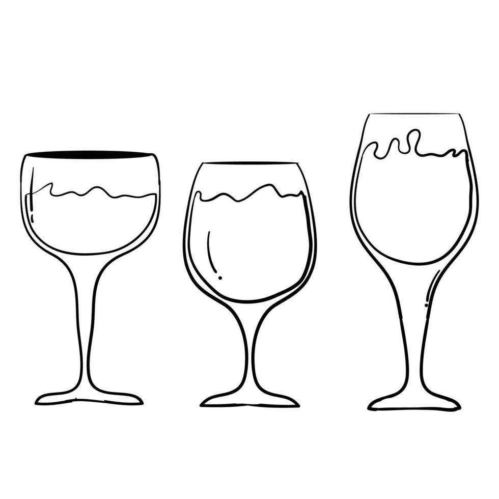 Vector set of wine glasses goblets in ink hand drawn style cartoon style illustration
