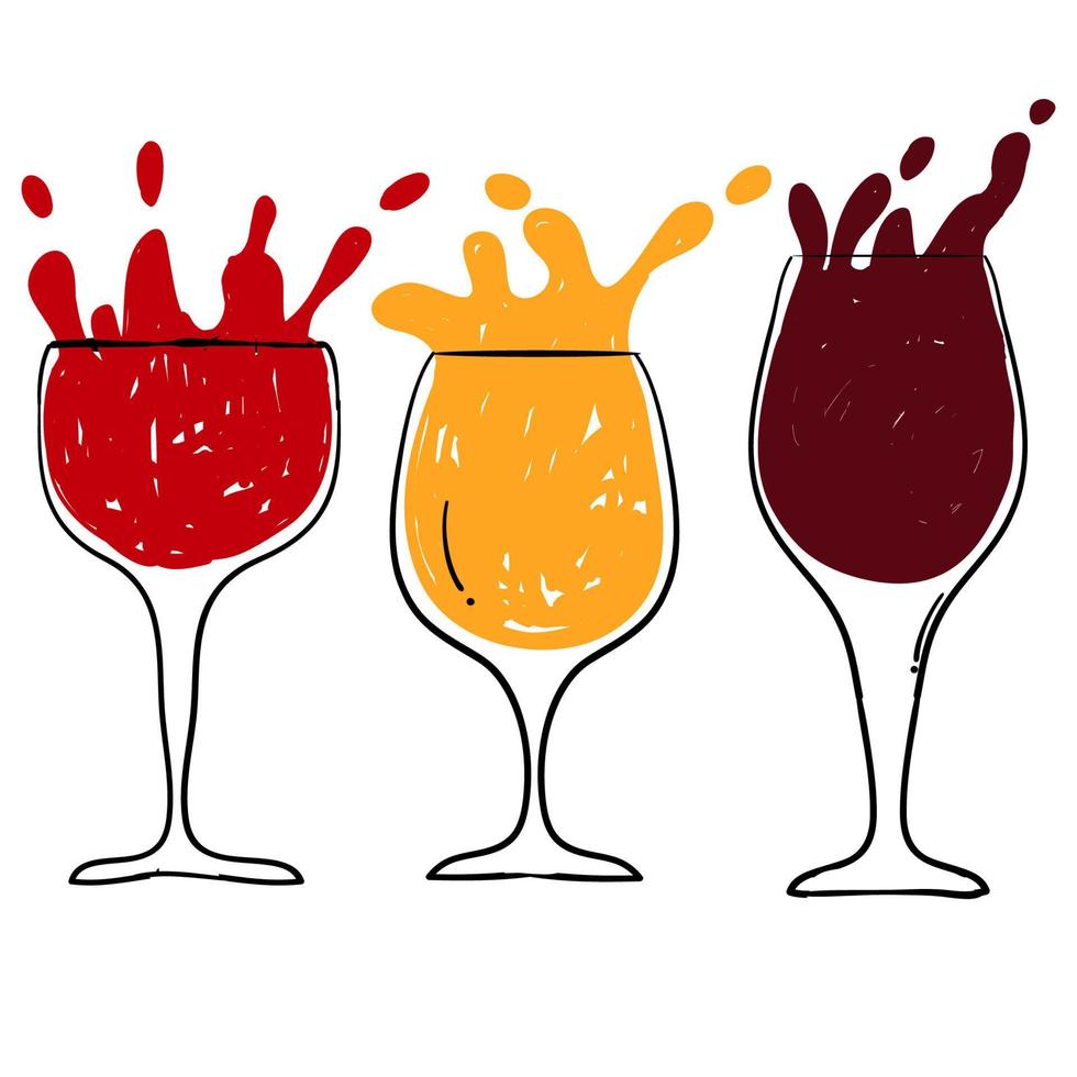 conjunto de vectores de copas de vino copas en tinta estilo dibujado a mano ilustración de estilo de dibujos animados