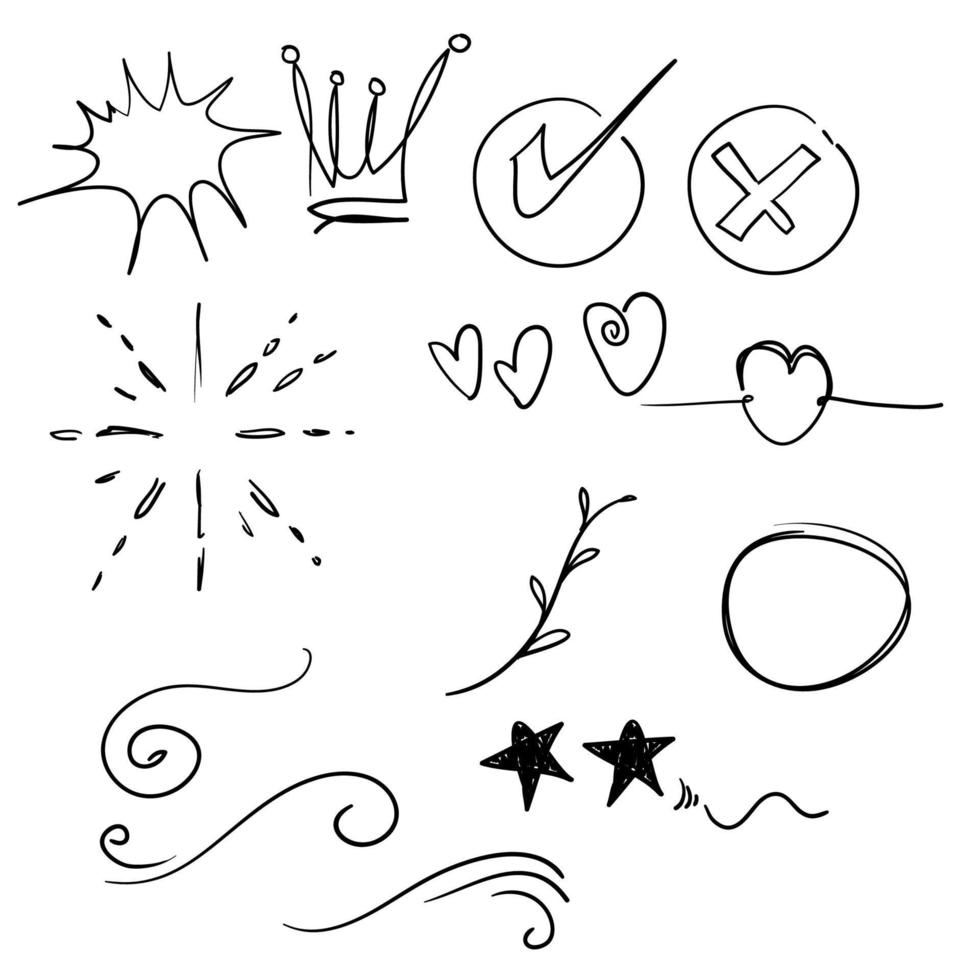 Hand drawn set elements,Arrow, heart, love, star, leaf, sun, light, flower, daisy, crown, king, queen,Swishes, swoops, emphasis ,swirl, heart, for concept design cartoon style vector