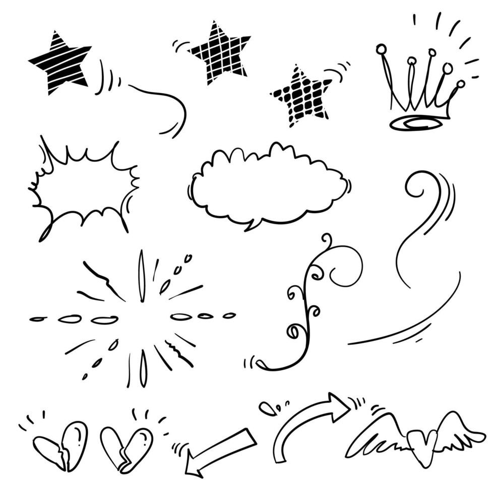 Hand drawn set elements,Arrow, heart, love, star, leaf, sun, light, flower, daisy, crown, king, queen,Swishes, swoops, emphasis ,swirl, heart, for concept design cartoon style vector