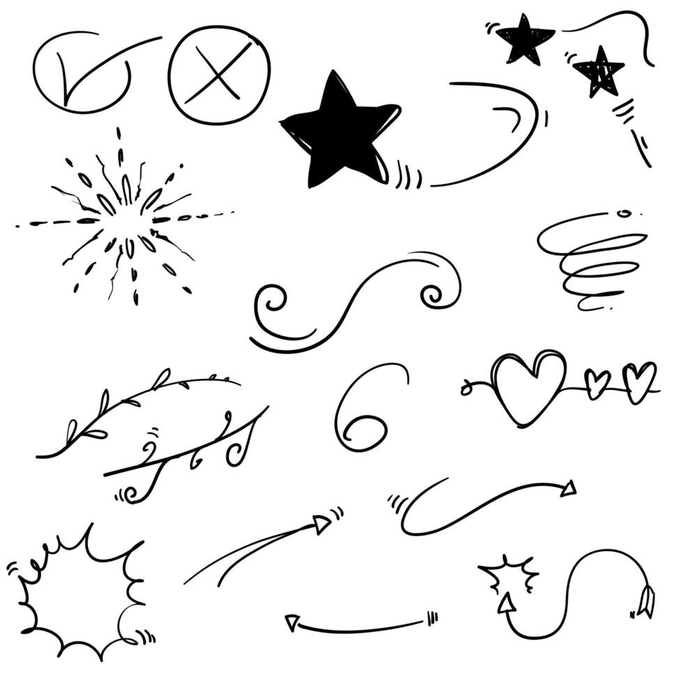 Hand drawn set elements,Arrow, heart, love, star, leaf, sun, light, flower, daisy, crown, king, queen,Swishes, swoops, emphasis ,swirl, heart, for concept design cartoon style vector