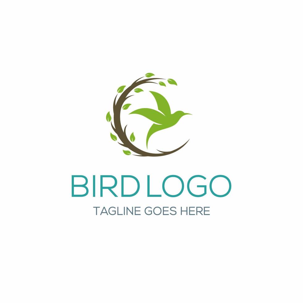 Bird logo with a circular tree branch and small leaves vector