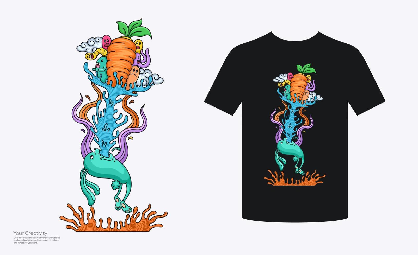 colorido diseño de camiseta de personaje divertido sacar algo de su boca vector
