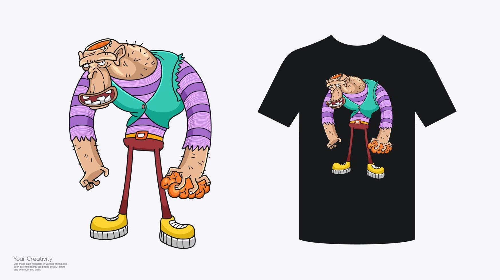 Funny monkey character t shirt design with hands holding brain vector