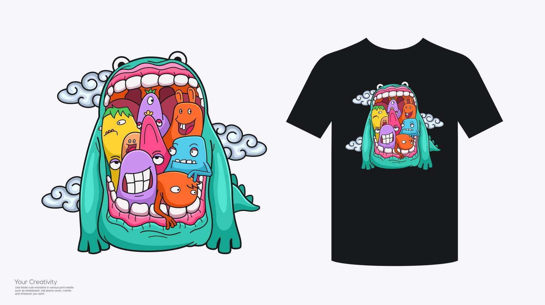 diseño de camiseta lindo monstruo personaje de dibujos animados vector