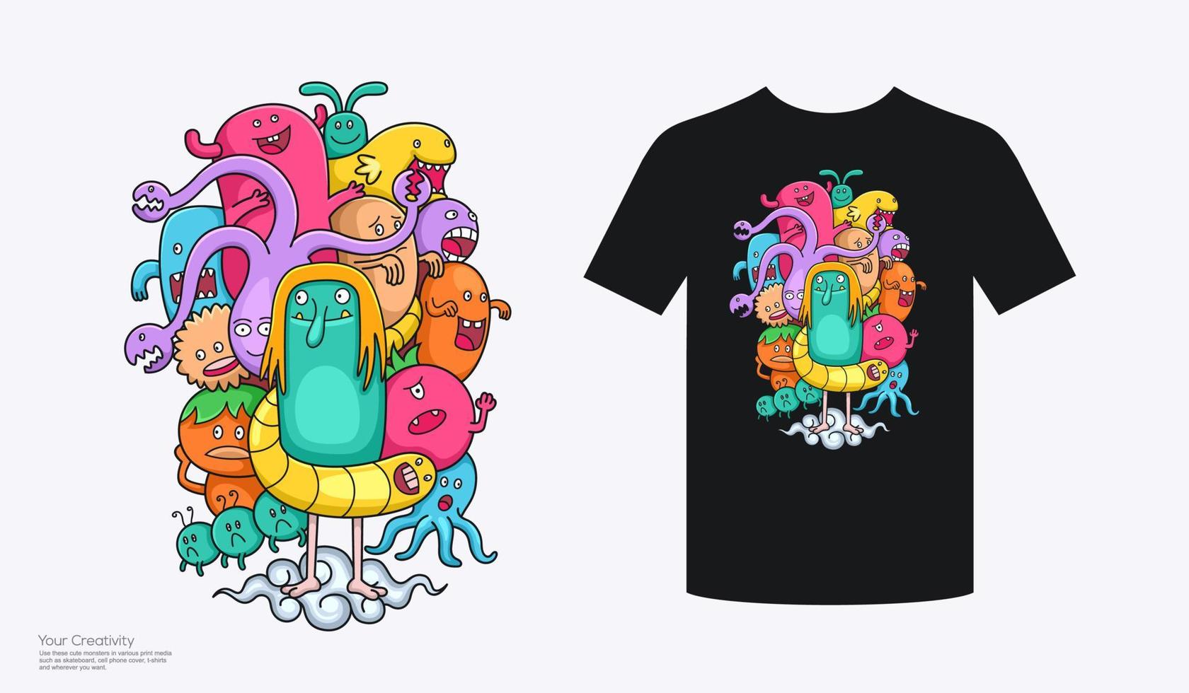 diseño lindo colorido de la camiseta del monstruo del doodle vector