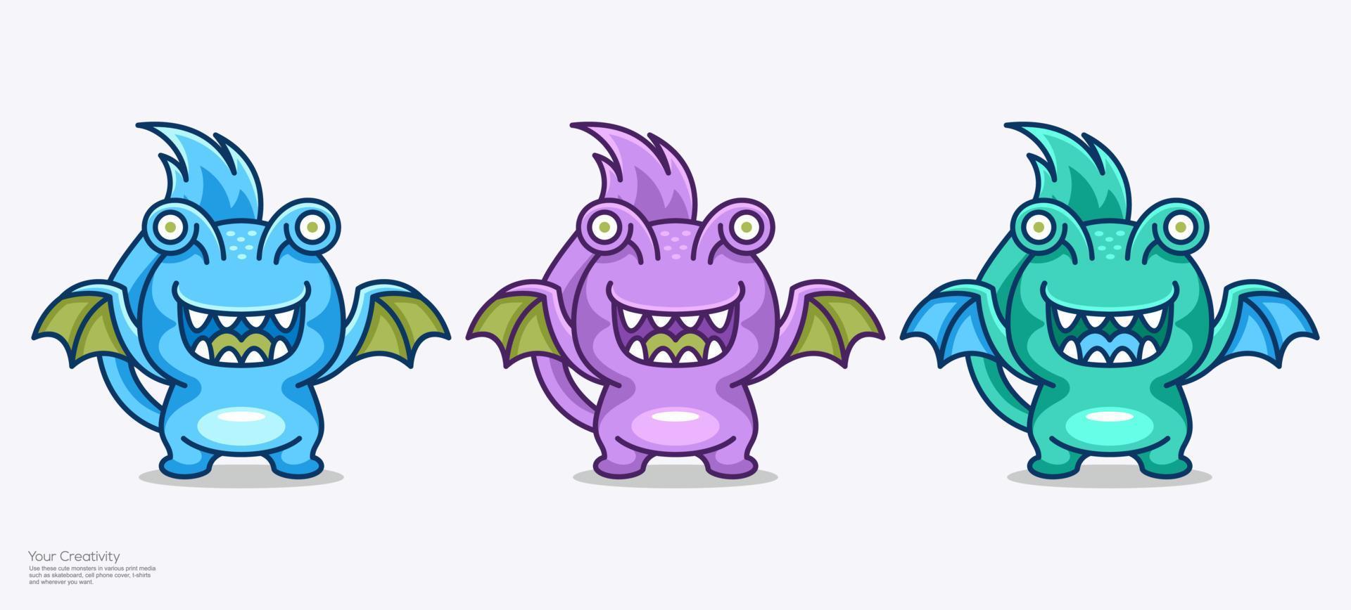 Vector illustration cute monster character mascot design with wings and long tails