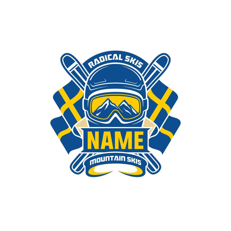 insignia logo de la comunidad de esquí de montaña con casco y bandera vector