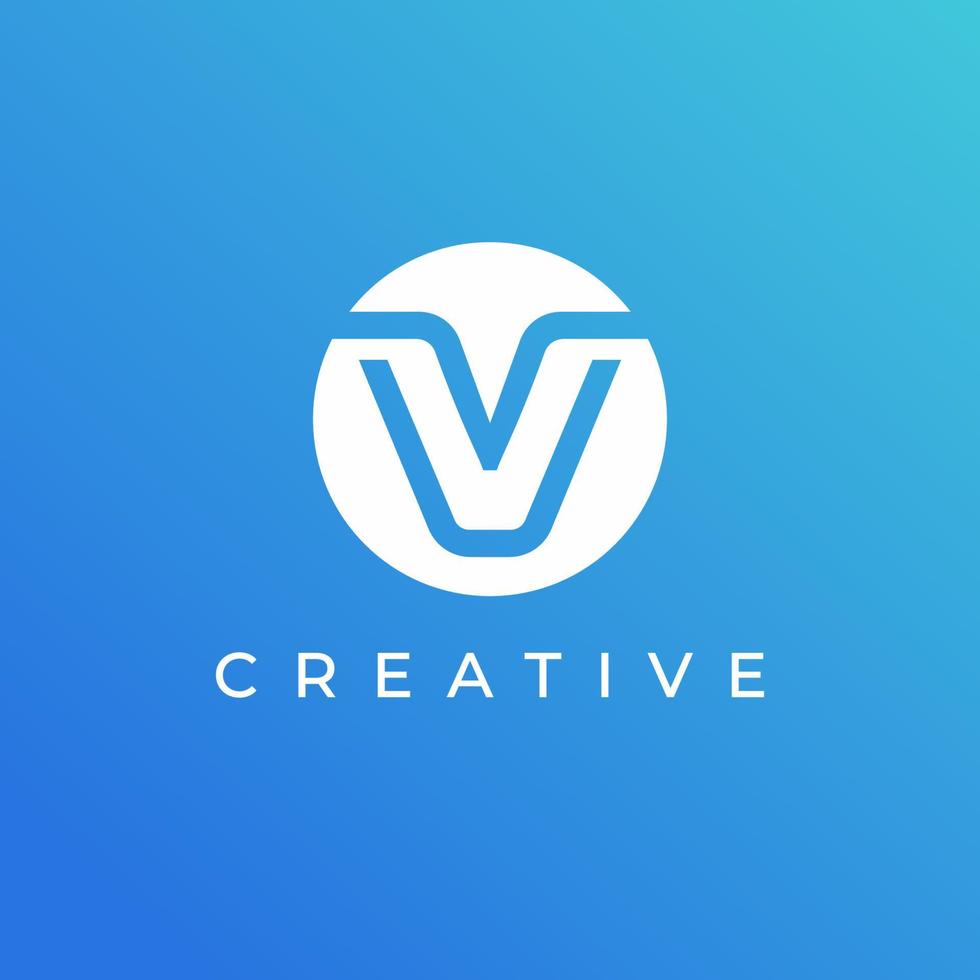 Letter V logo design template with white color and blue background vector