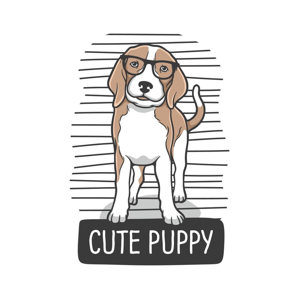 Cute puppy is standing wearing sunglasses with a black stripe background vector