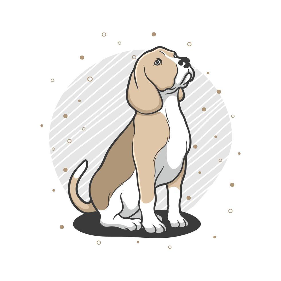 Cute beagle dog sitting looking up, with background lines and dots vector