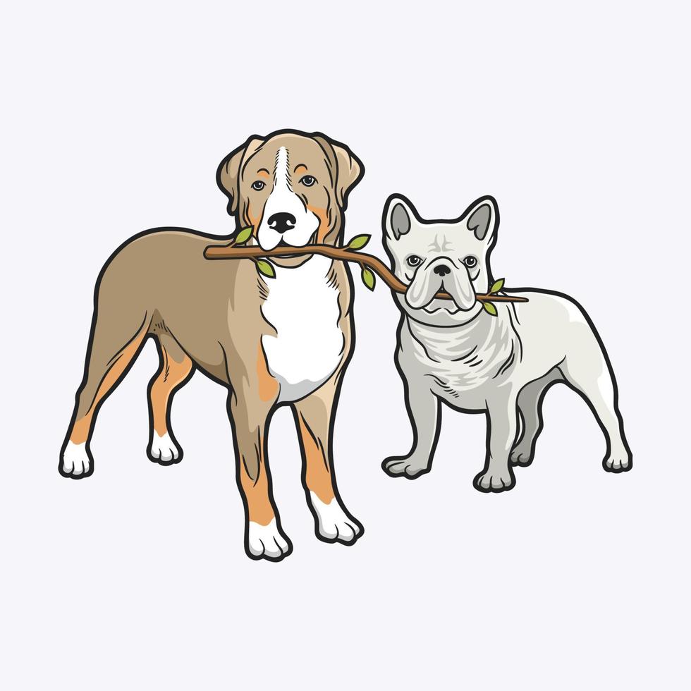 Two cute dogs are biting the tree stems together vector