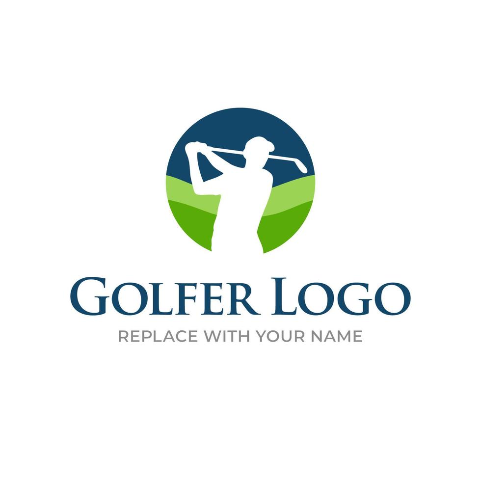 logo de golfista con silueta de jugador y fondo de hierba vector