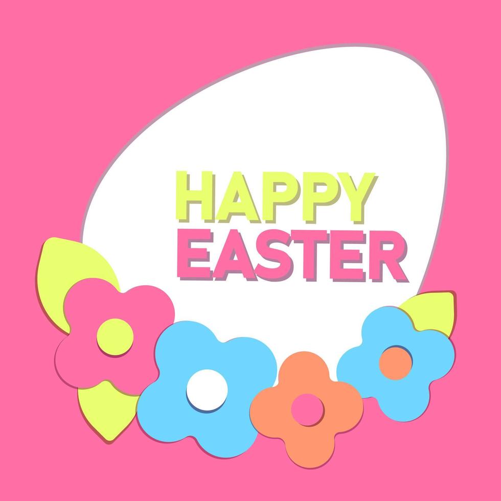 Happy easter paper cut card in 3d style of colorful flowers. White and pink background. Easter day greeting card. Modern vector cutout frame design. Spring flowers.