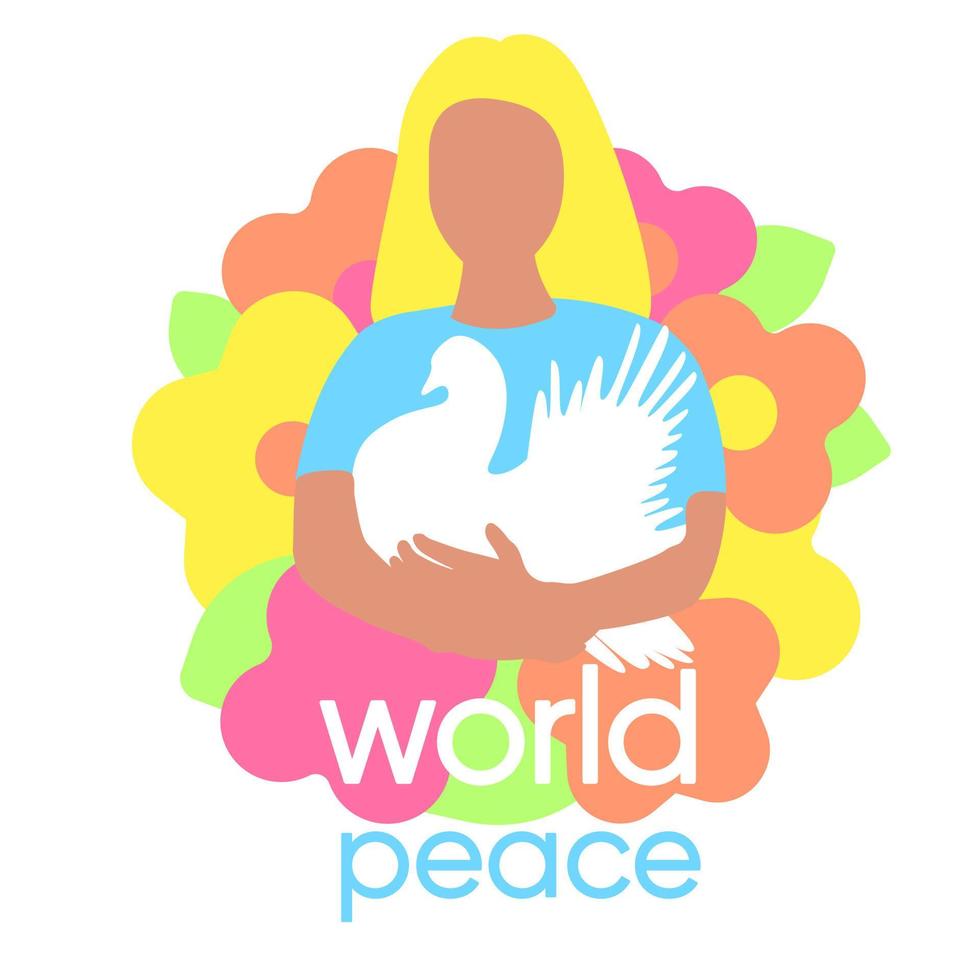 Child girl holding a white pigeon in her hands. Flat flowers background. No war. Message peace to the world. Font world peace. White dove simbol. vector