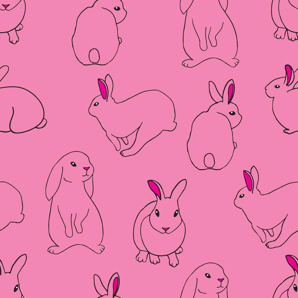 Seamless easter pink background with bunny, rabbits in line style. Outline hand drawn style. Vector simple pattern.