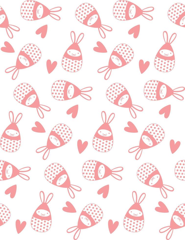 Vector seamless cute pattern with Easter eggs bunny with ears and hearts in pastel pink color. Use for fabric, paper, wallpaper, wrapper.