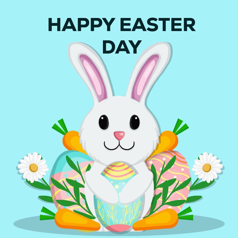 feliz día de pascua ilustración dibujada a mano con conejo abrazando huevos, zanahoria, plantas y flores vector
